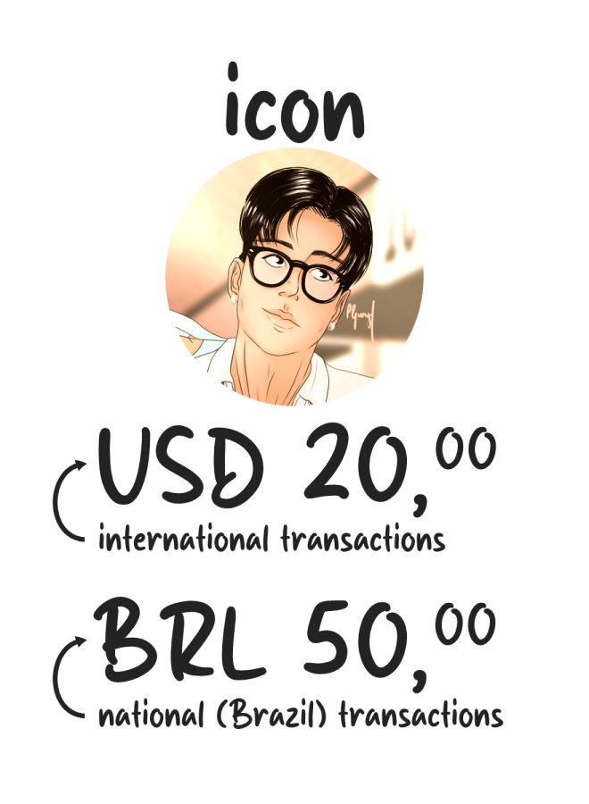 prices for a icon framing fully rendered commission. USD20 for international clients and BRL50 for Brazilian clients.